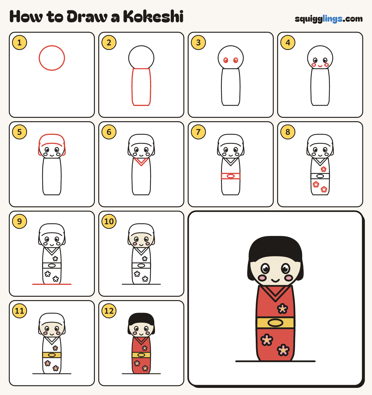 How to Draw a Kokeshi step by step: all 12 steps in one picture