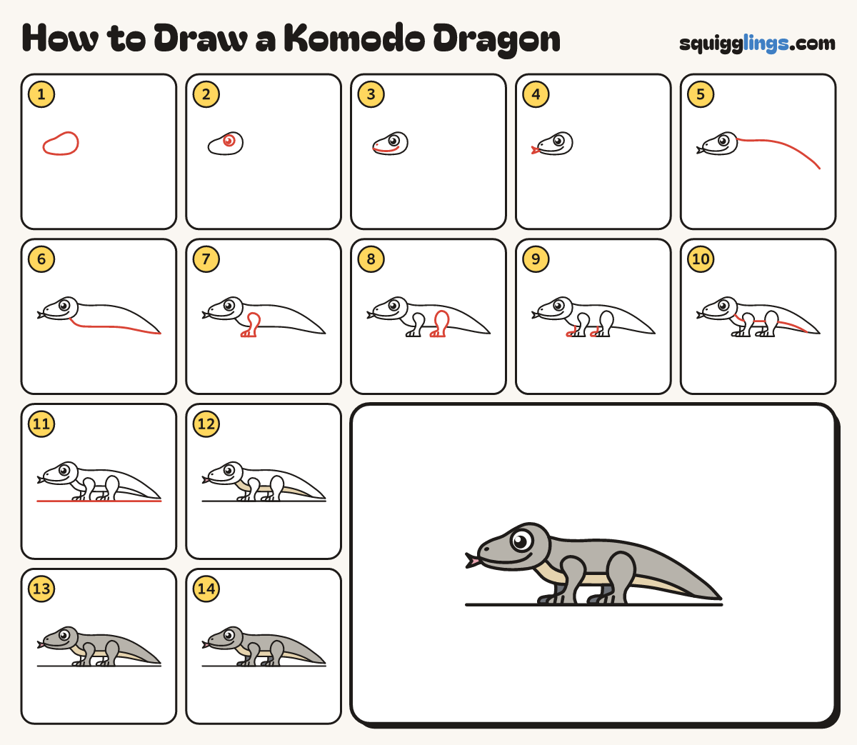 How to Draw a Komodo Dragon step by step: all 14 steps in one picture