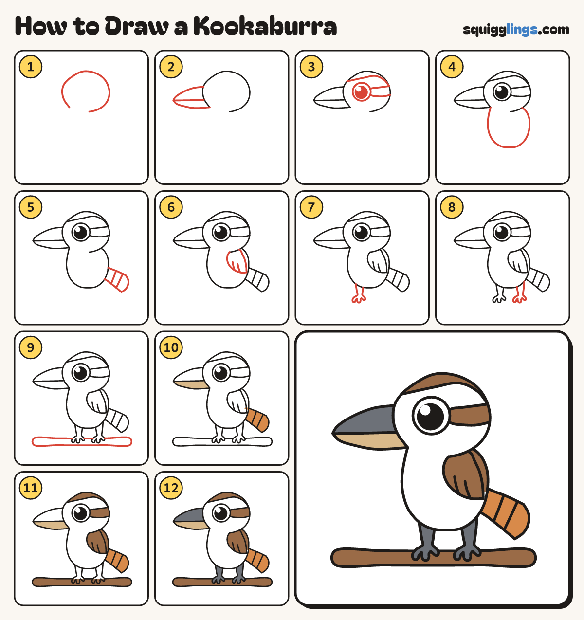 How to Draw a Kookaburra step by step: all 12 steps in one picture