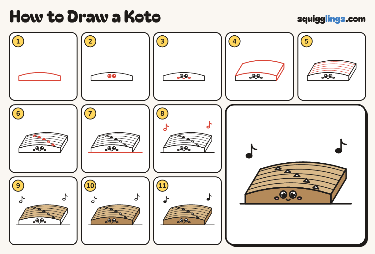 How to Draw a Koto step by step: all 11 steps in one picture