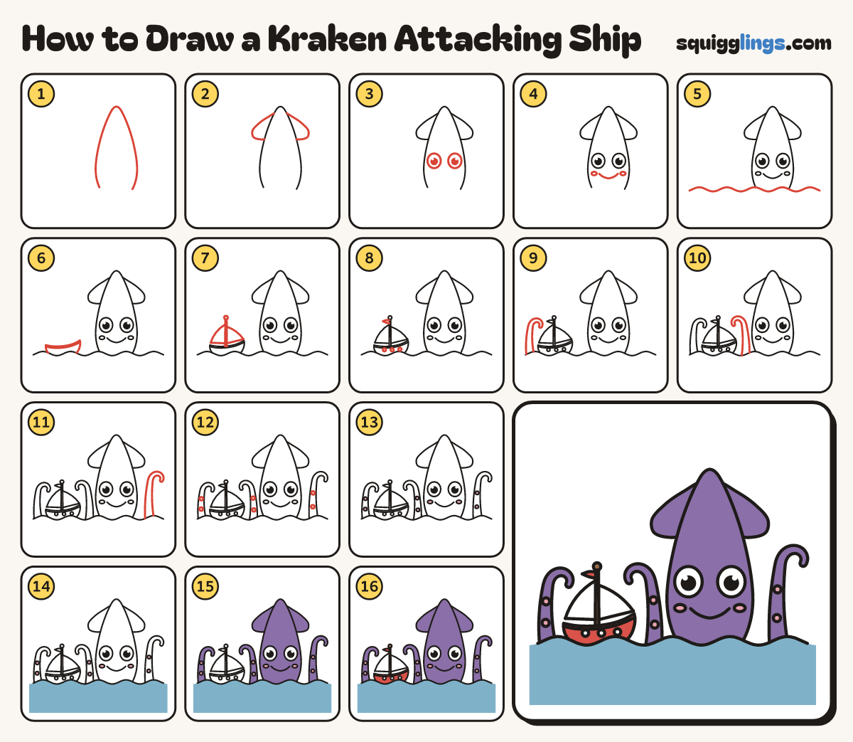 How to Draw a Kraken Attacking Ship step by step: all 16 steps in one picture