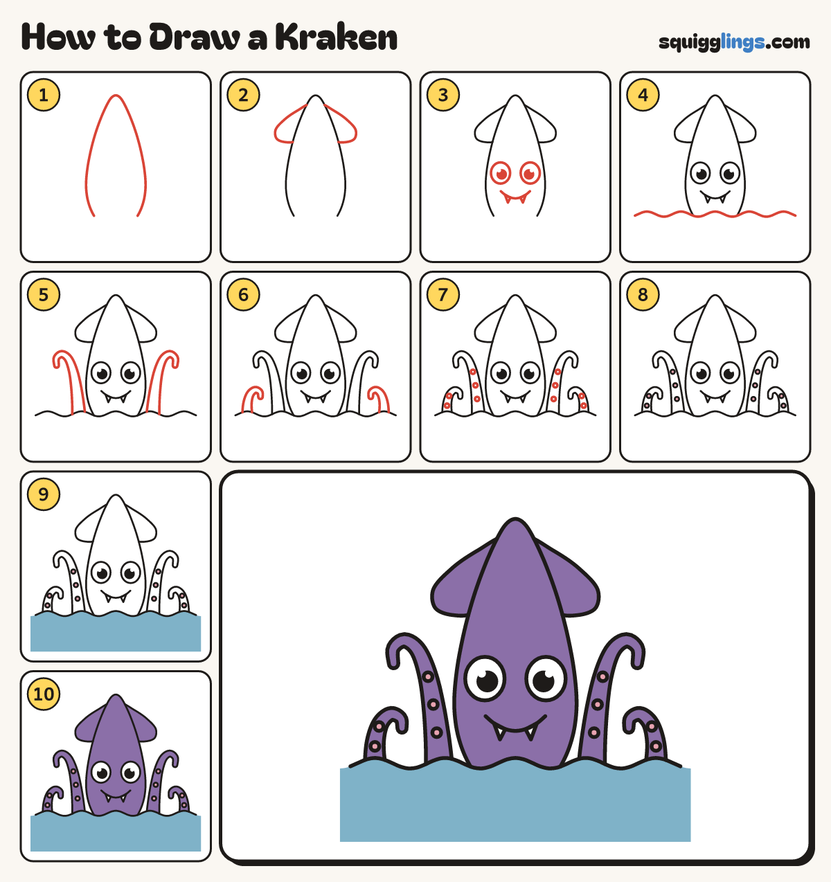How to Draw a Kraken step by step: all 10 steps in one picture