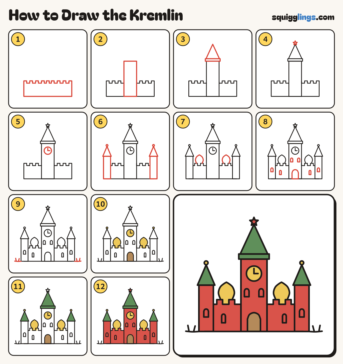 How to Draw the Kremlin step by step: all 12 steps in one picture