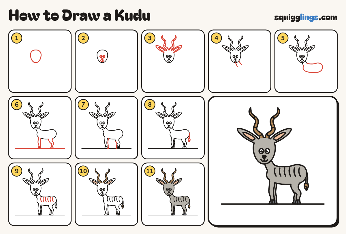 How to Draw a Kudu step by step: all 11 steps in one picture
