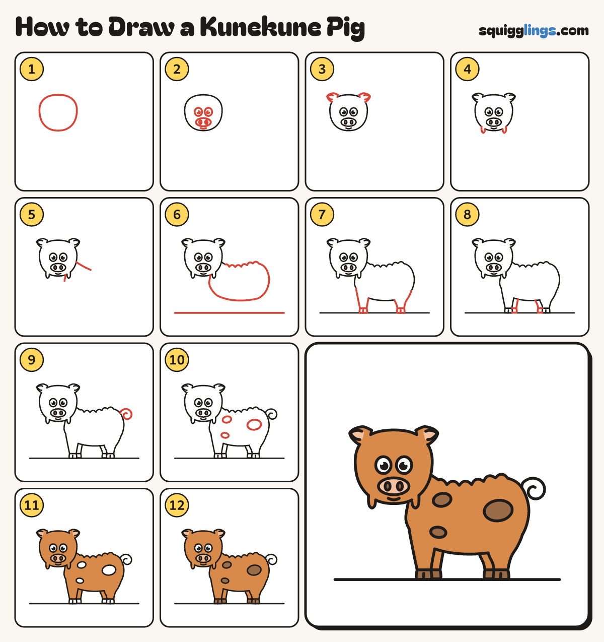 How to Draw a Kunekune Pig step by step: all 12 steps in one picture
