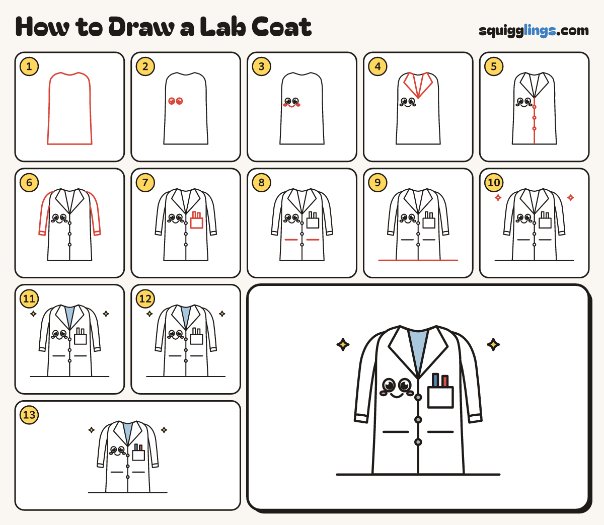 How to Draw a Lab Coat step by step: all 13 steps in one picture