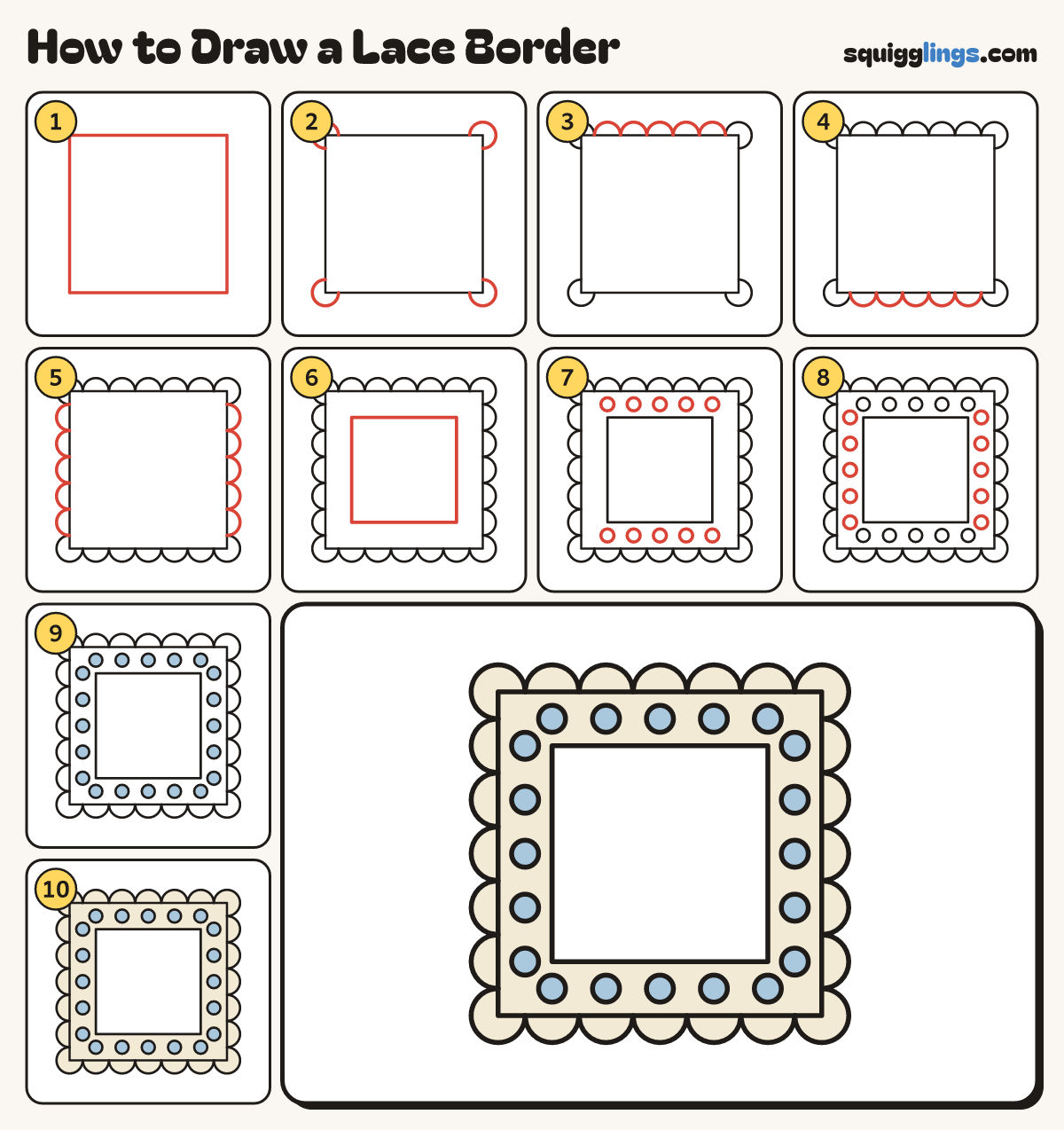 How to Draw a Lace Border step by step: all 10 steps in one picture
