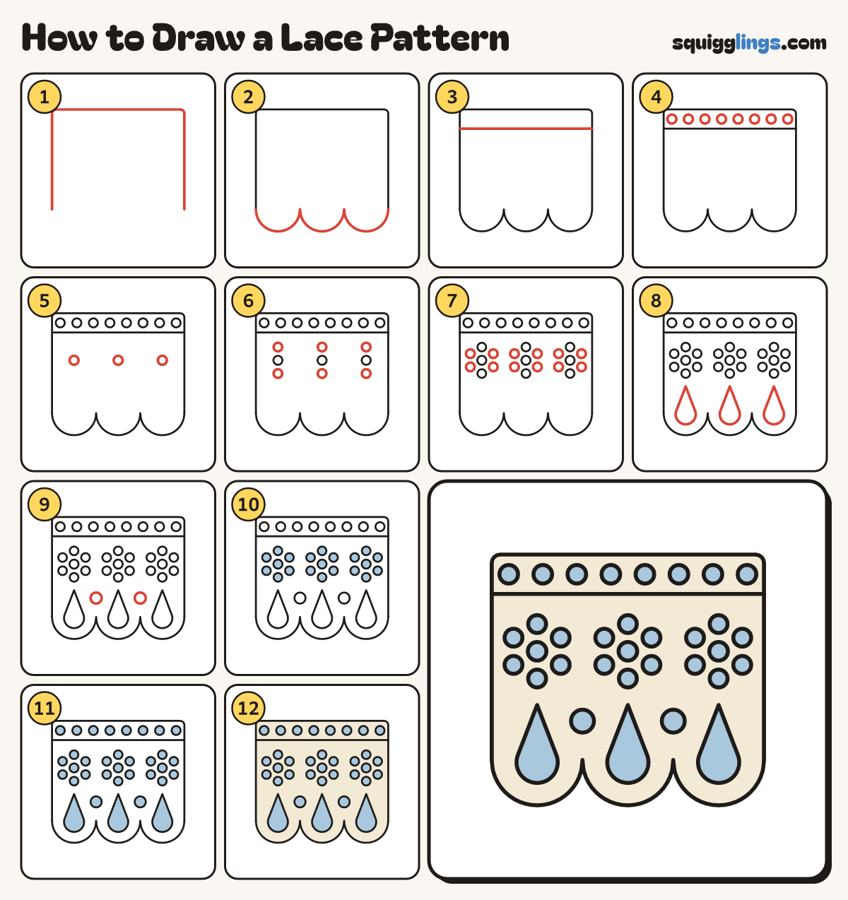 How to Draw a Lace Pattern step by step: all 12 steps in one picture