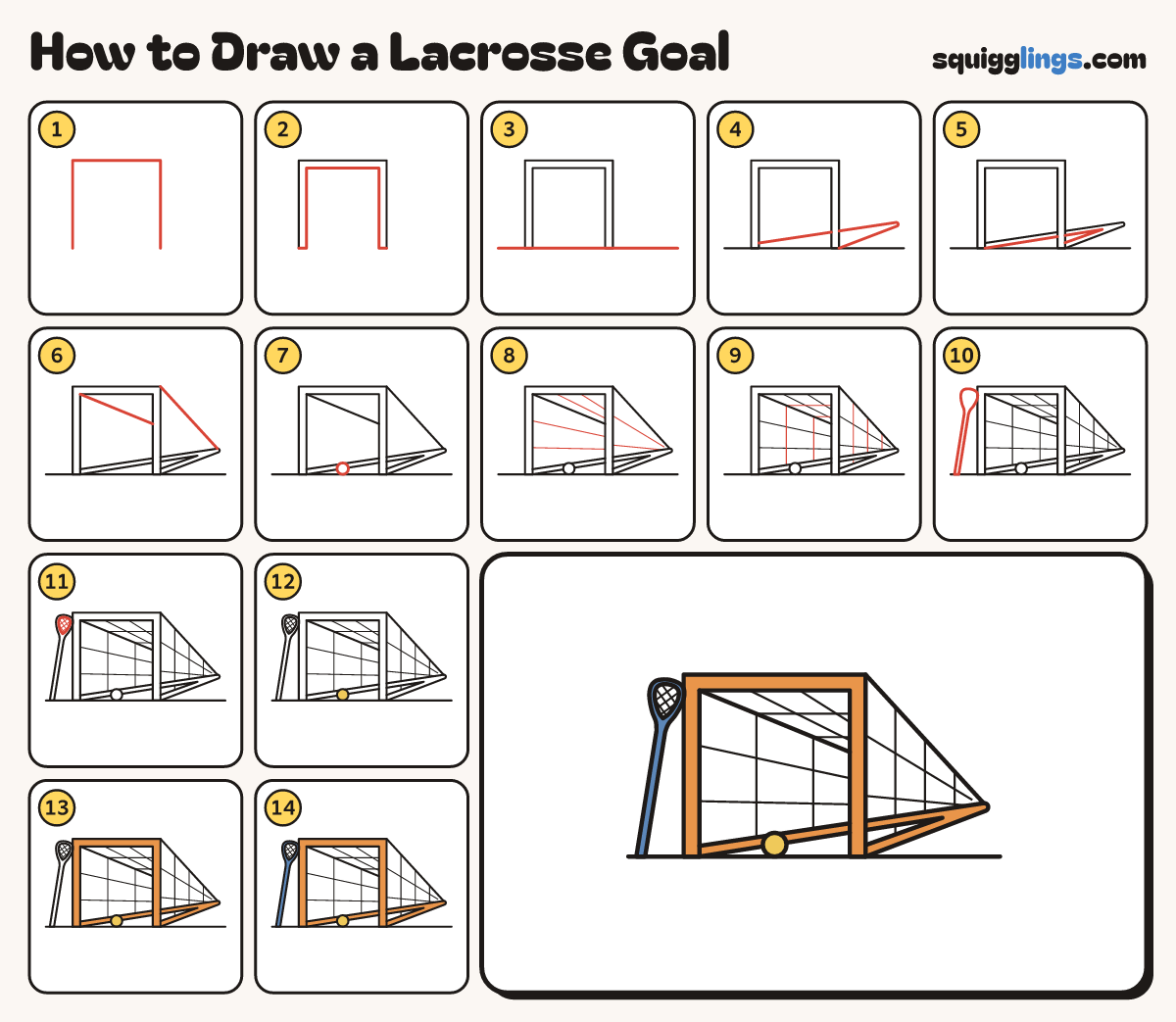 How to Draw a Lacrosse Goal step by step: all 14 steps in one picture