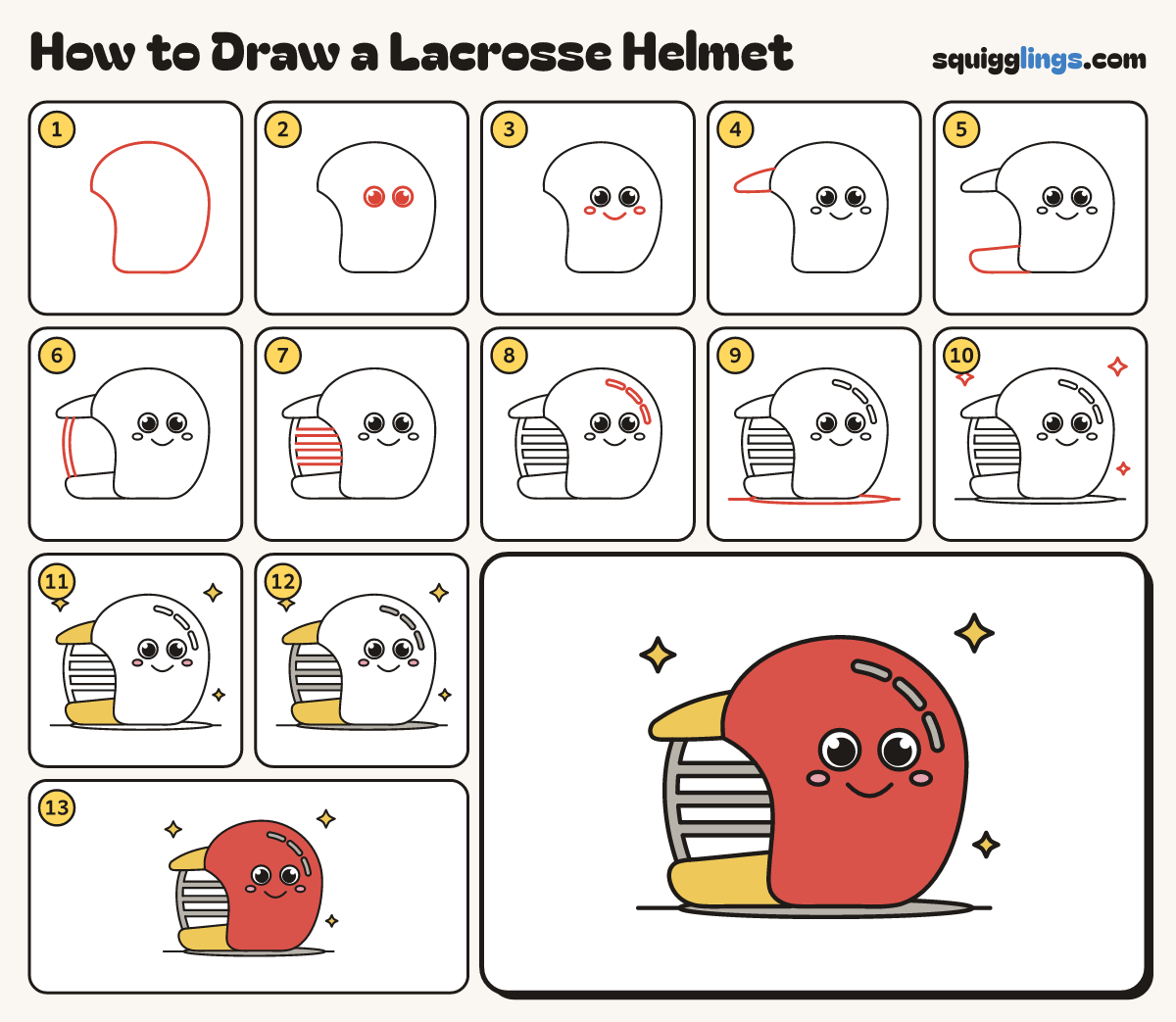 How to Draw a Lacrosse Helmet step by step: all 13 steps in one picture