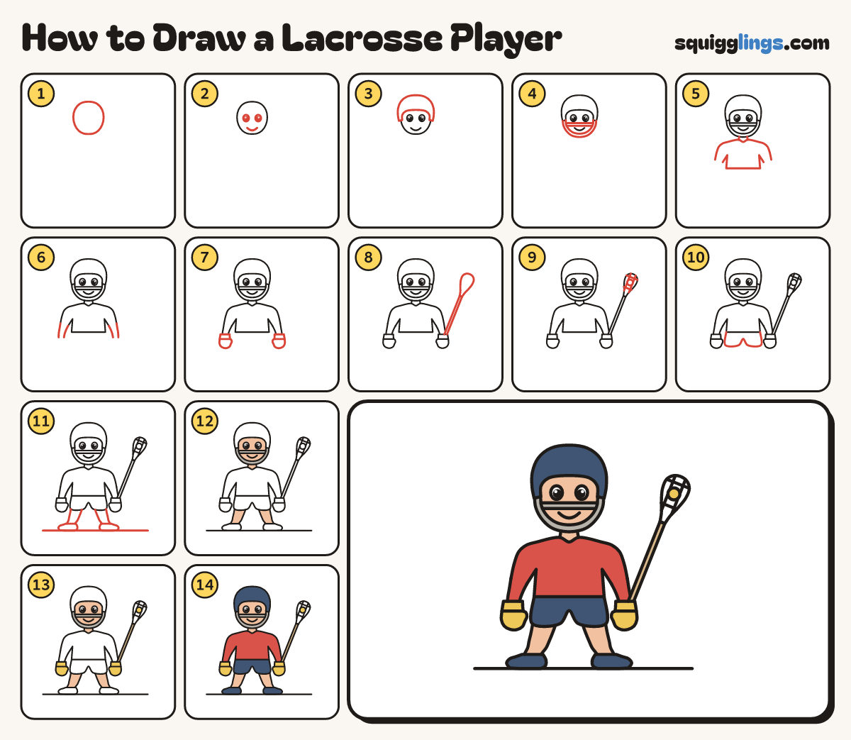 How to Draw a Lacrosse Player step by step: all 14 steps in one picture