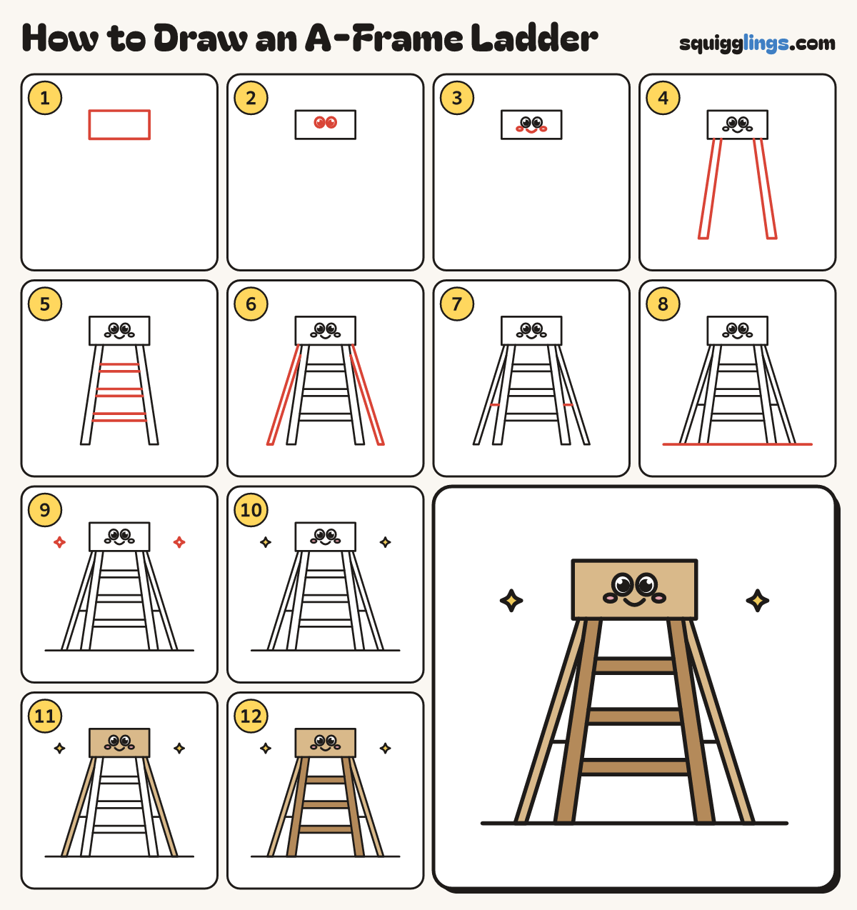 How to Draw an A-Frame Ladder step by step: all 12 steps in one picture