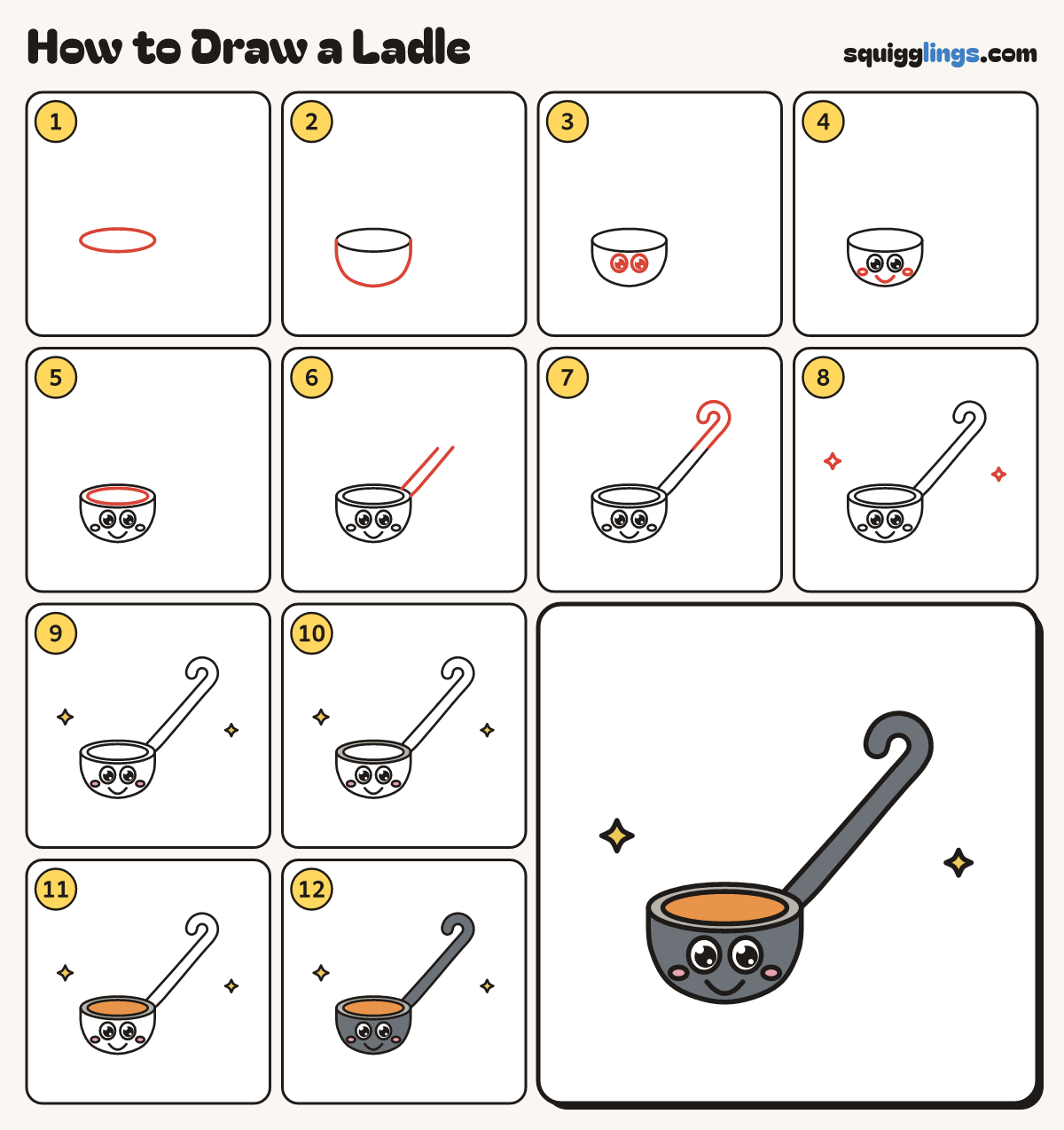 How to Draw a Ladle step by step: all 12 steps in one picture