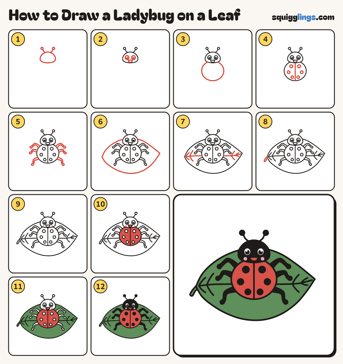 How to Draw a Ladybug on a Leaf step by step: all 12 steps in one picture