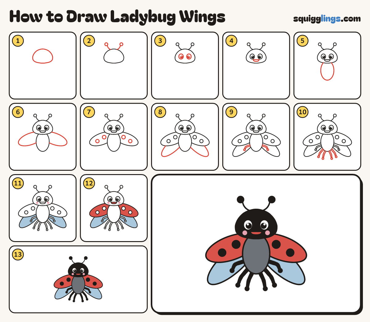 How to Draw Ladybug Wings step by step: all 13 steps in one picture