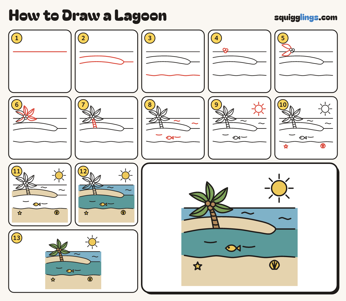 How to Draw a Lagoon step by step: all 13 steps in one picture