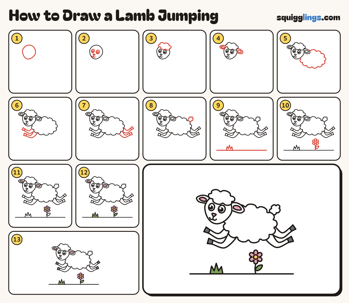 How to Draw a Lamb Jumping step by step: all 13 steps in one picture