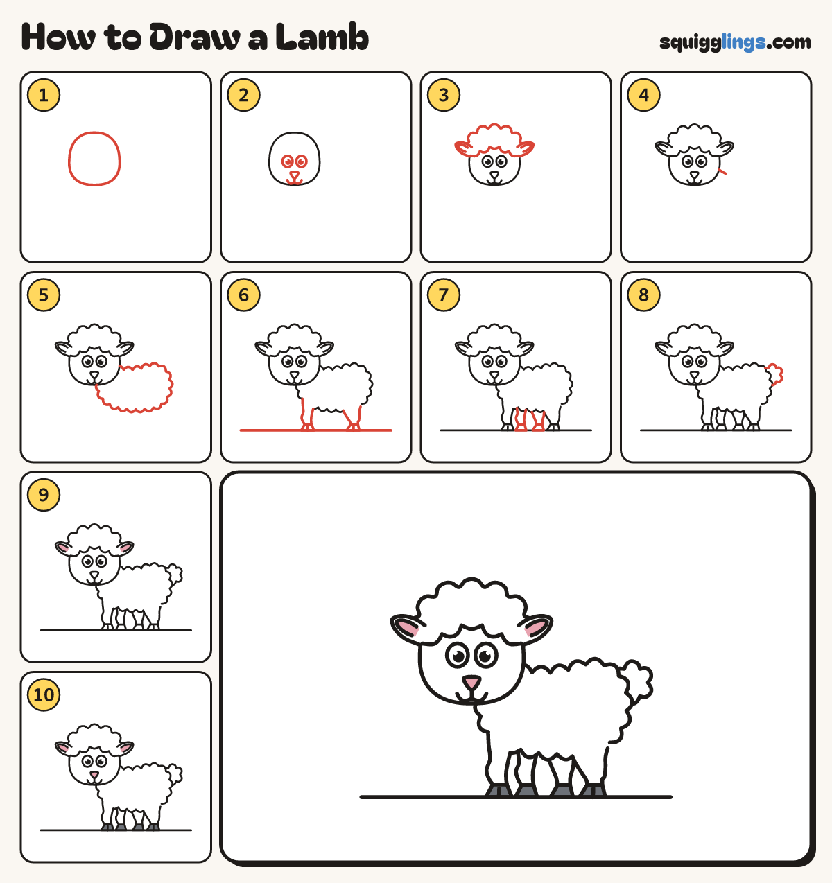 How to Draw a Lamb step by step: all 10 steps in one picture