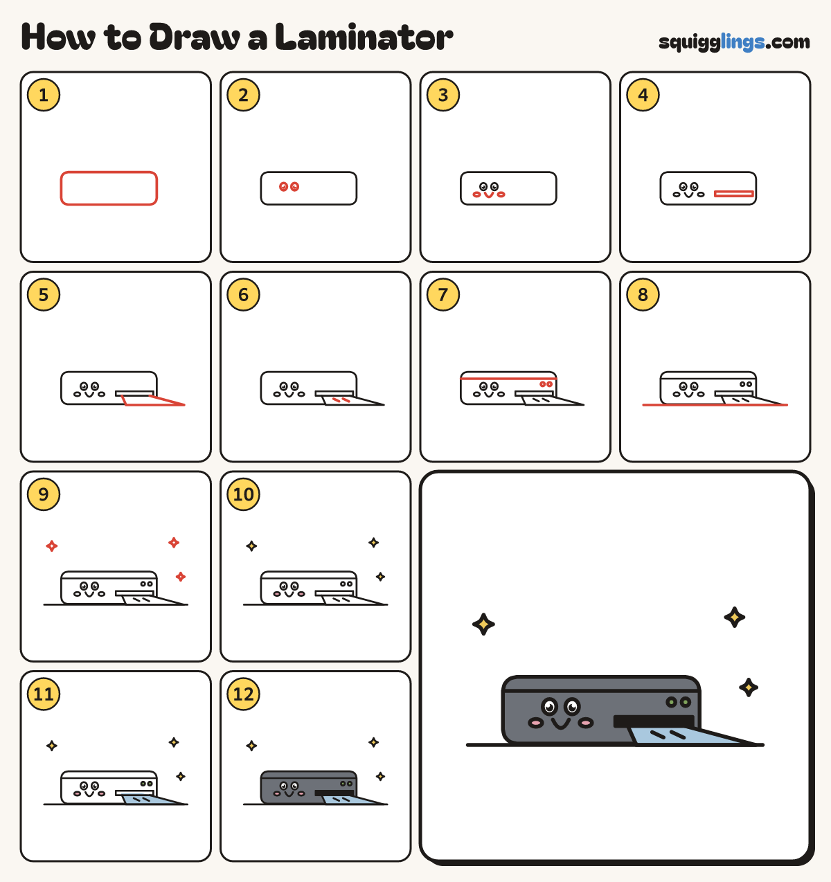 How to Draw a Laminator step by step: all 12 steps in one picture