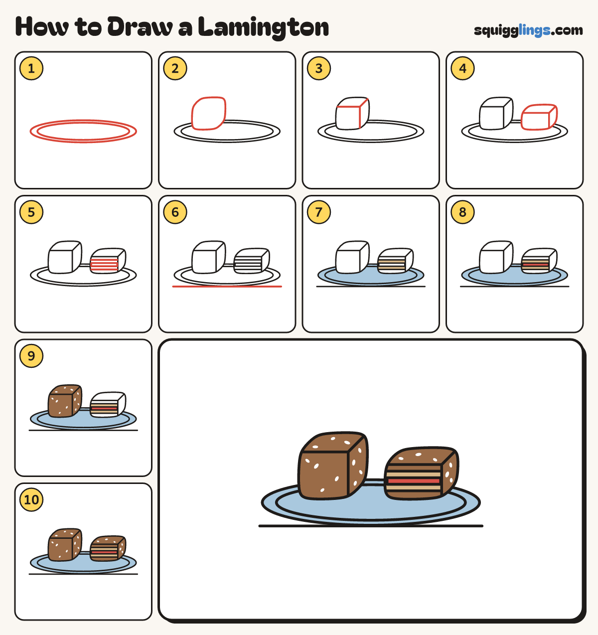 How to Draw a Lamington step by step: all 10 steps in one picture