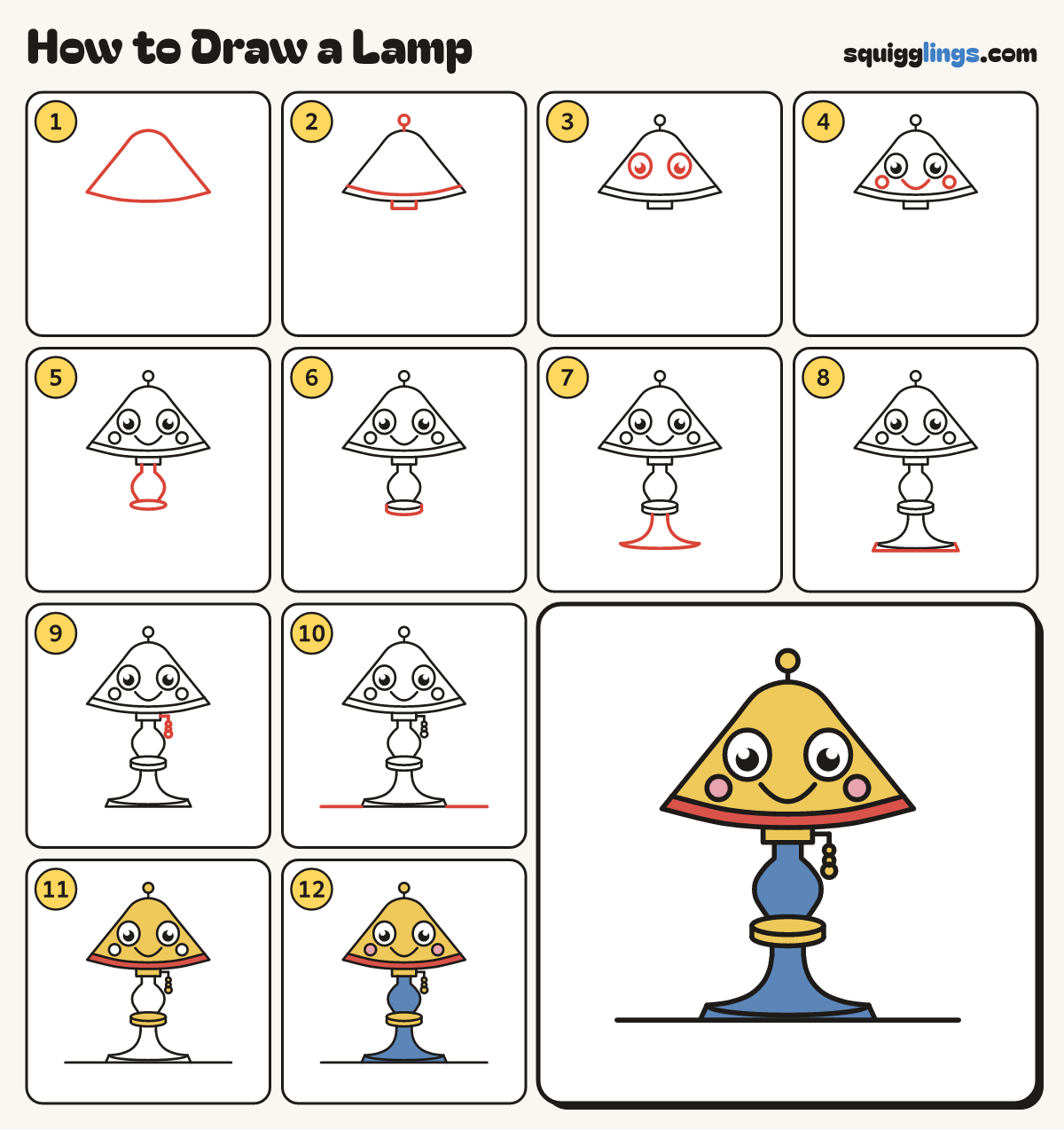 How to Draw a Lamp step by step: all 12 steps in one picture