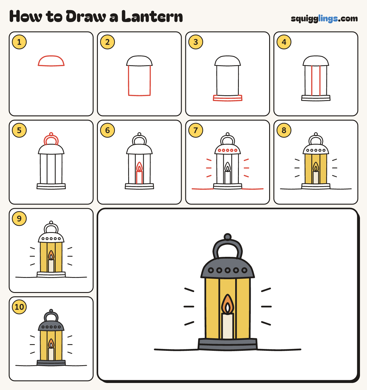 How to Draw a Lantern step by step: all 10 steps in one picture