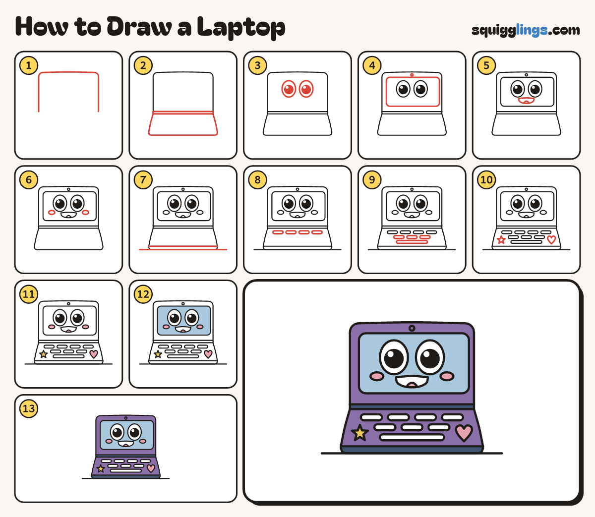 How to Draw a Laptop step by step: all 13 steps in one picture