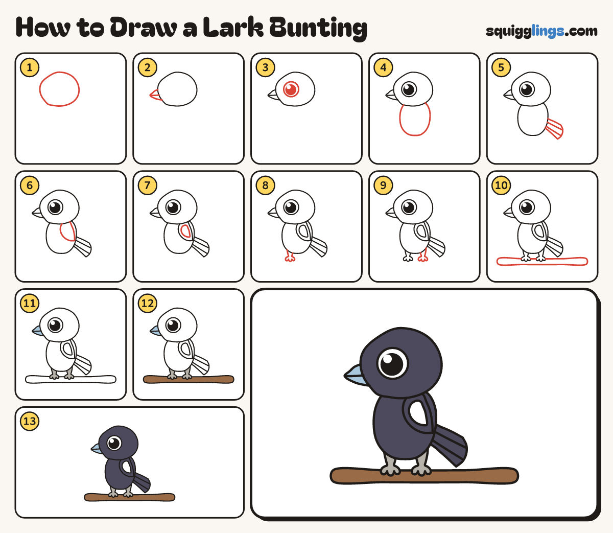 How to Draw a Lark Bunting step by step: all 13 steps in one picture