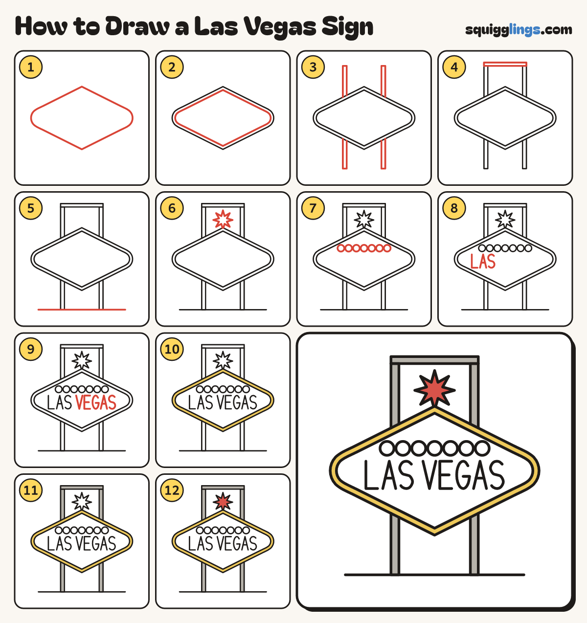 How to Draw a Las Vegas Sign step by step: all 12 steps in one picture