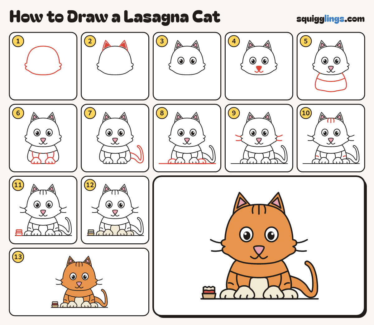 How to Draw a Lasagna Cat step by step: all 13 steps in one picture
