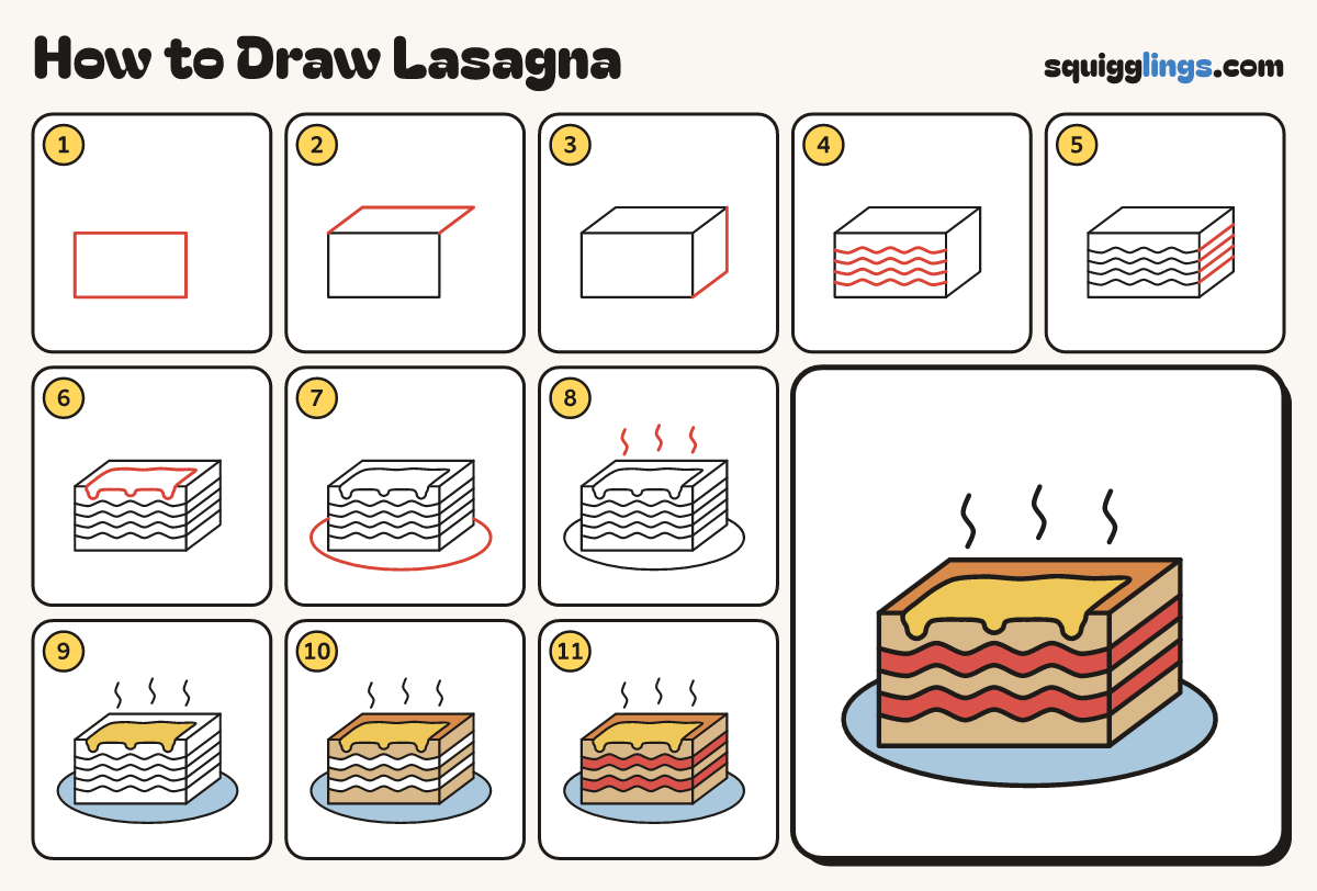 How to Draw Lasagna step by step: all 11 steps in one picture