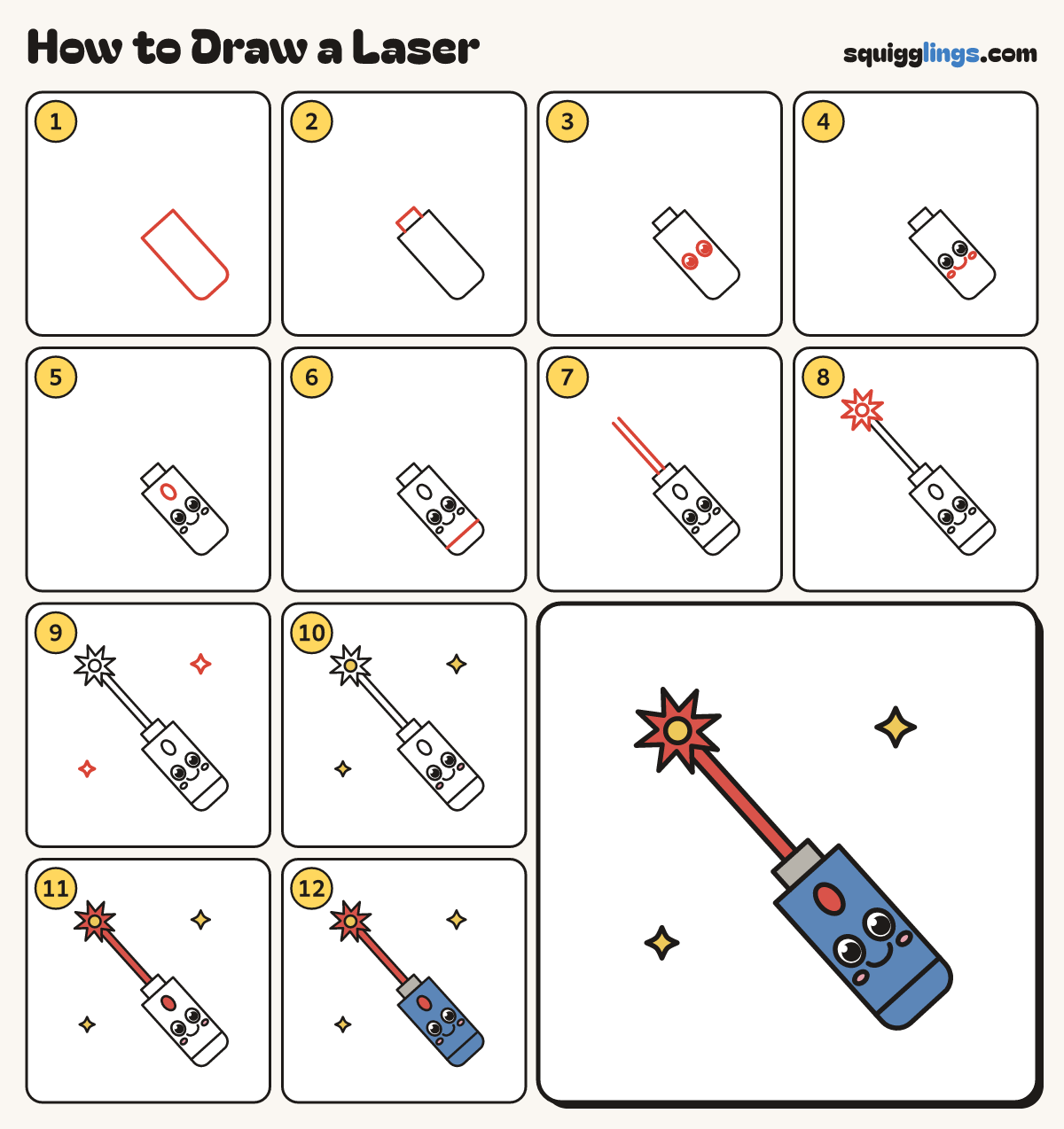 How to Draw a Laser step by step: all 12 steps in one picture