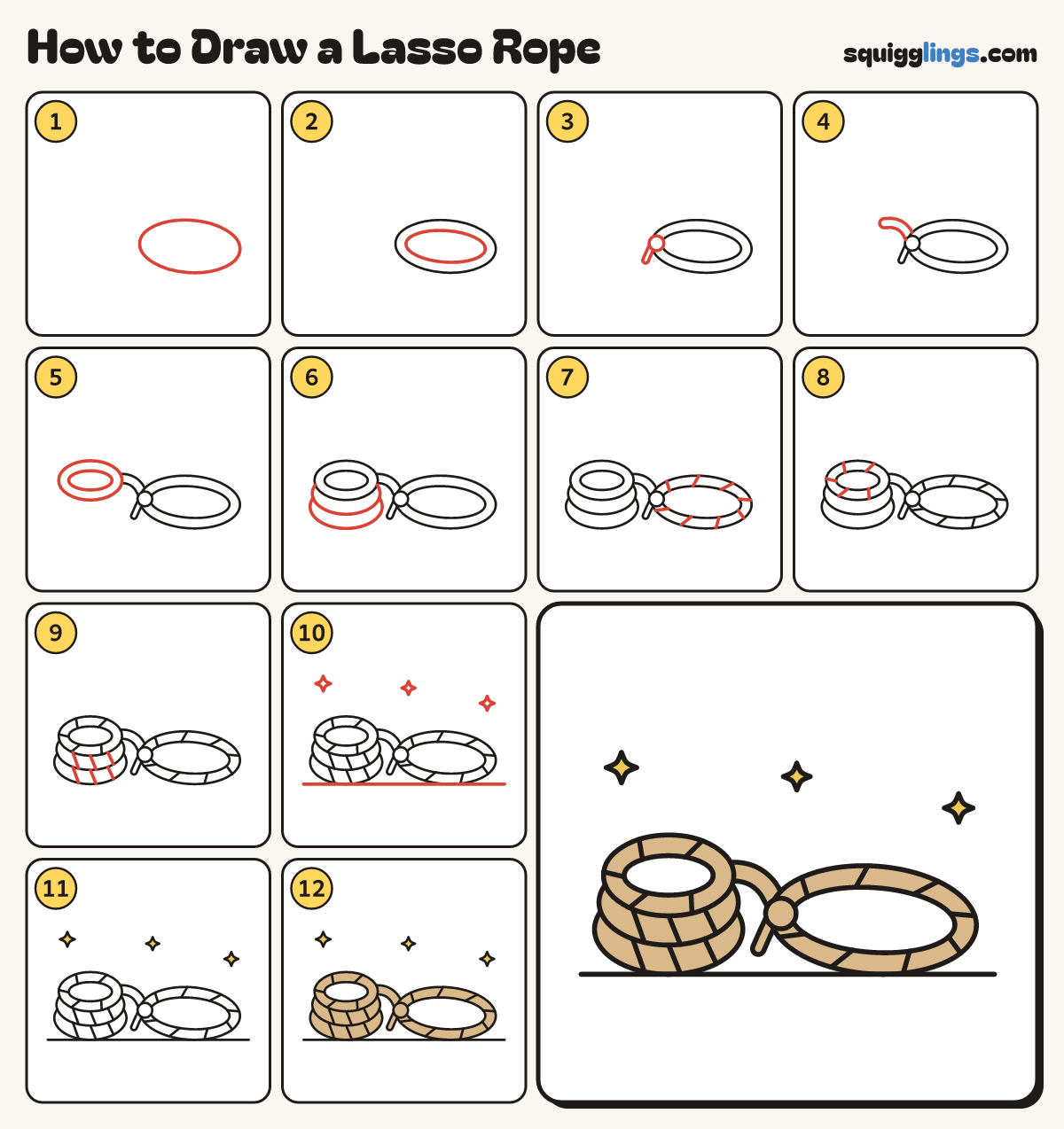 How to Draw a Lasso Rope step by step: all 12 steps in one picture