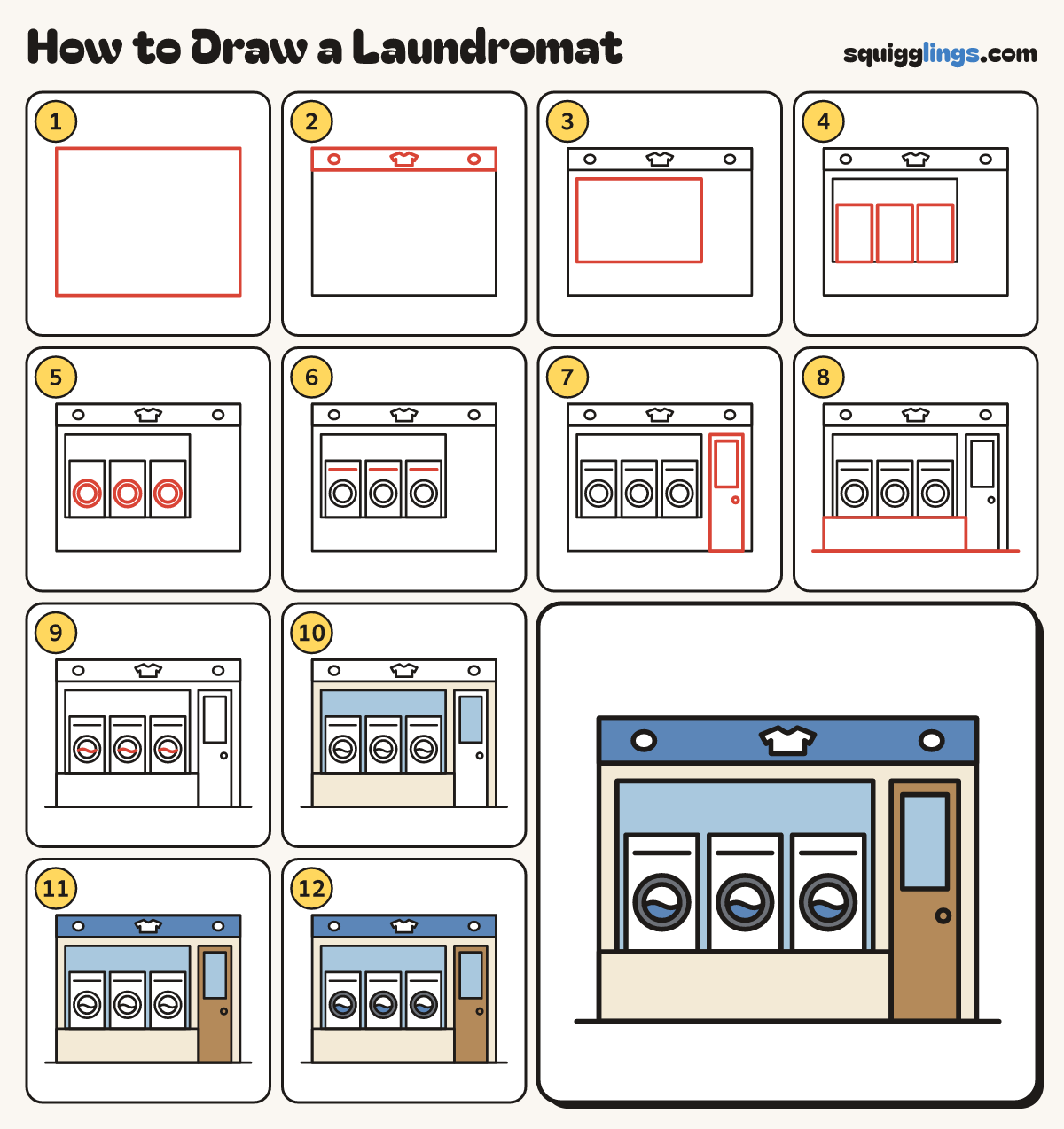 How to Draw a Laundromat step by step: all 12 steps in one picture