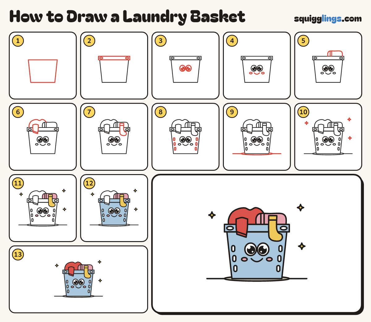 How to Draw a Laundry Basket step by step: all 13 steps in one picture