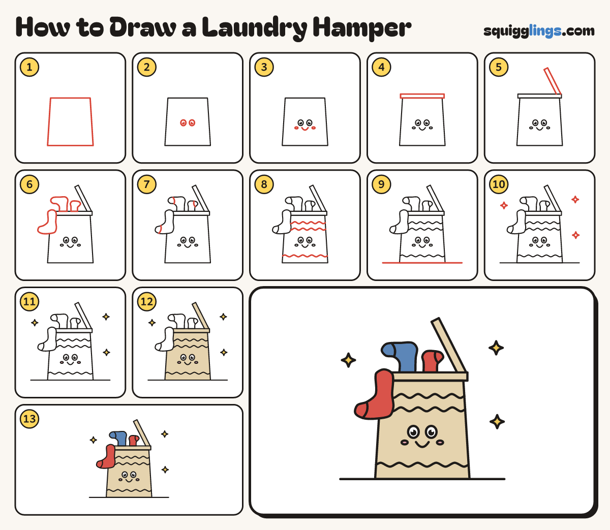 How to Draw a Laundry Hamper step by step: all 13 steps in one picture