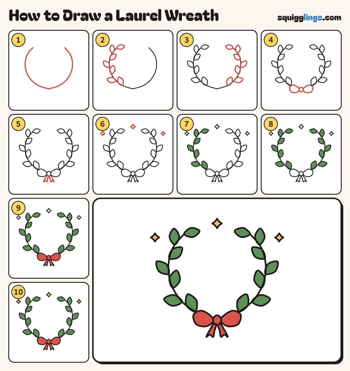 How to Draw a Laurel Wreath step by step: all 10 steps in one picture