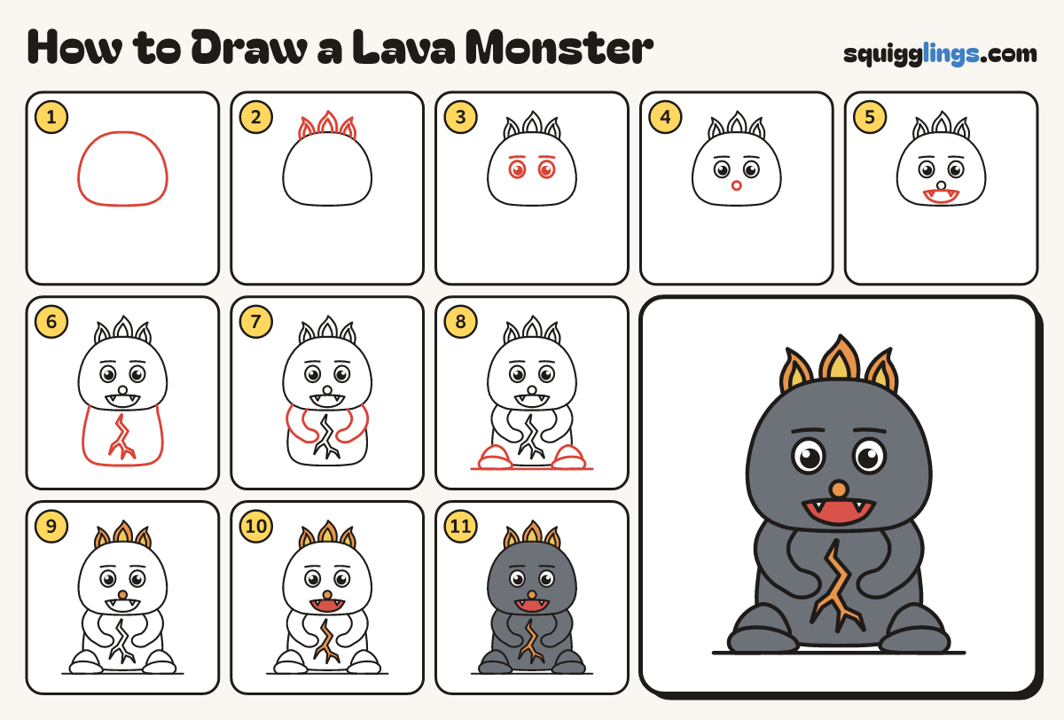 How to Draw a Lava Monster step by step: all 11 steps in one picture