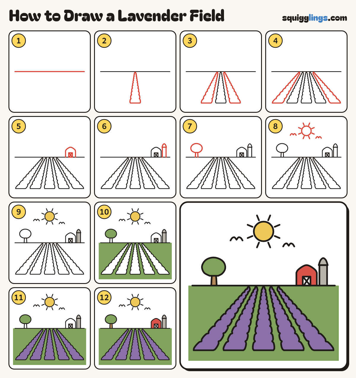 How to Draw a Lavender Field step by step: all 12 steps in one picture