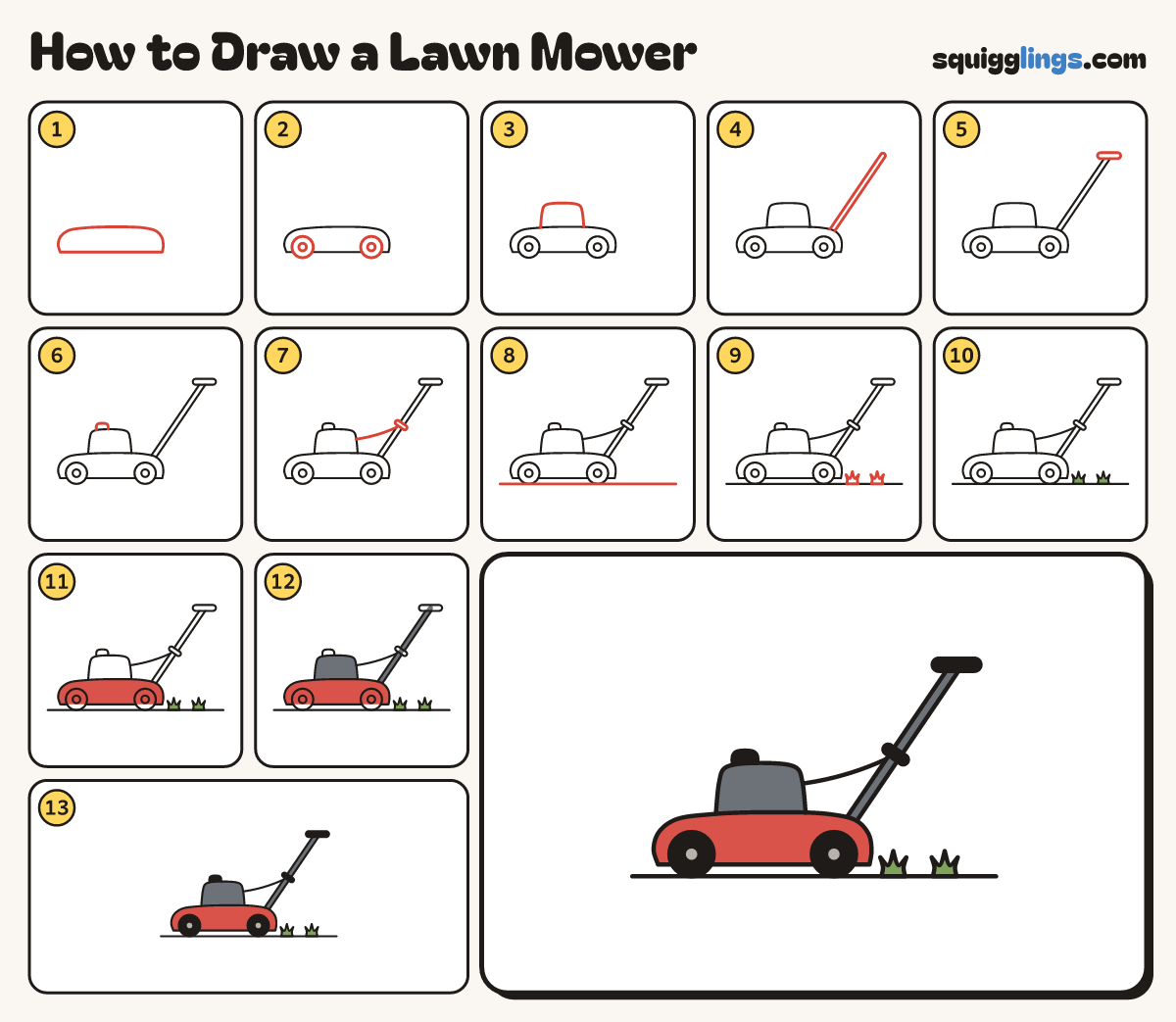 How to Draw a Lawn Mower step by step: all 13 steps in one picture
