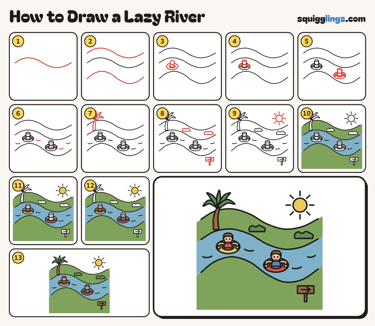 How to Draw a Lazy River step by step: all 13 steps in one picture