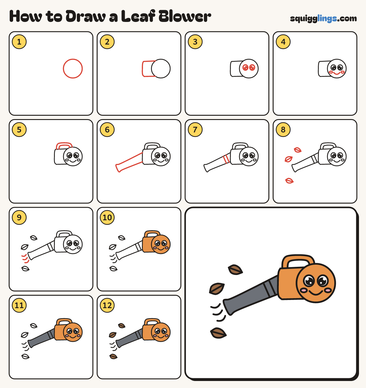 How to Draw a Leaf Blower step by step: all 12 steps in one picture