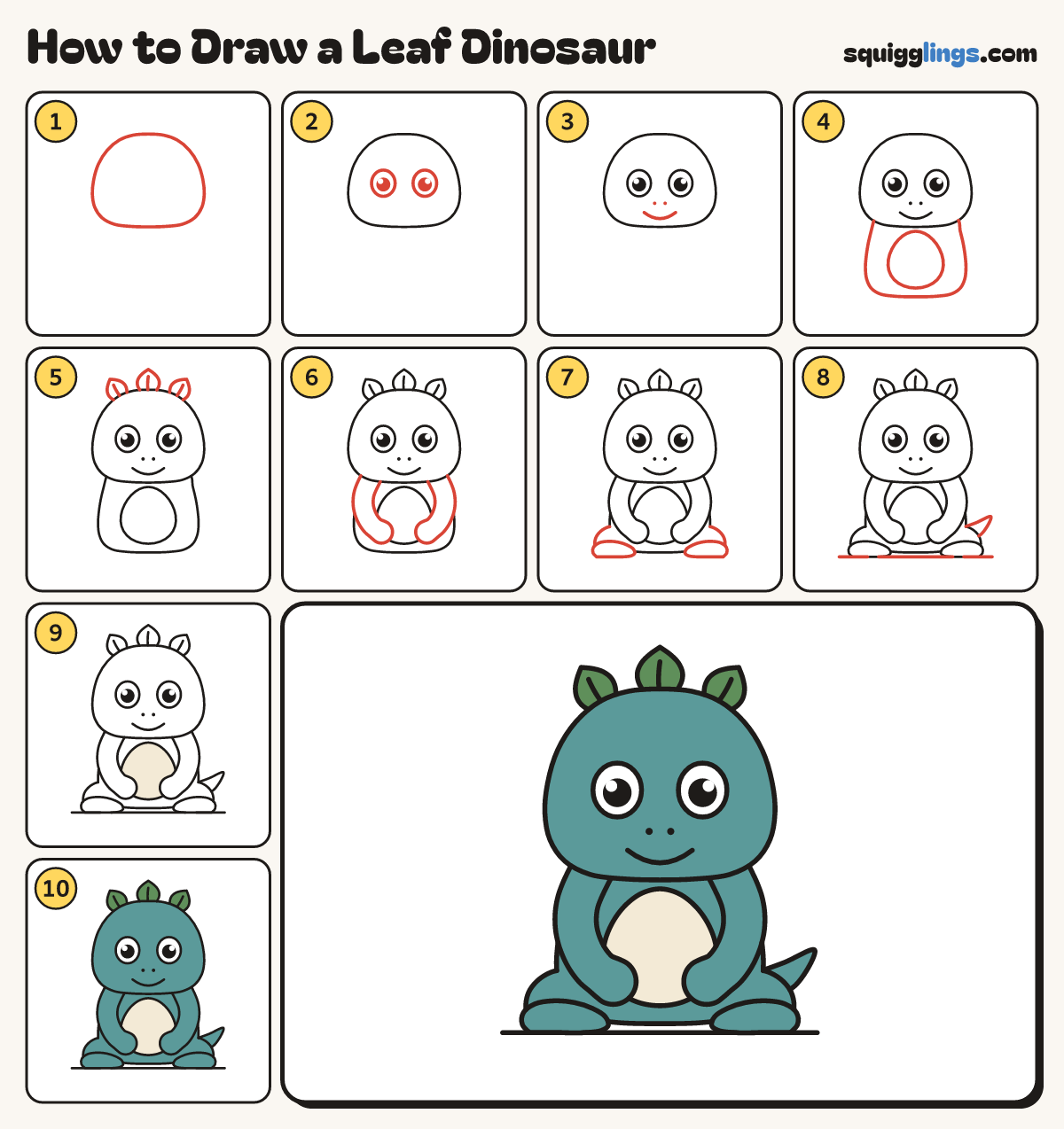 How to Draw a Leaf Dinosaur step by step: all 10 steps in one picture