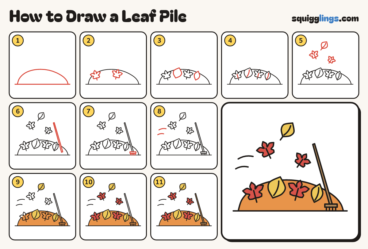 How to Draw a Leaf Pile step by step: all 11 steps in one picture