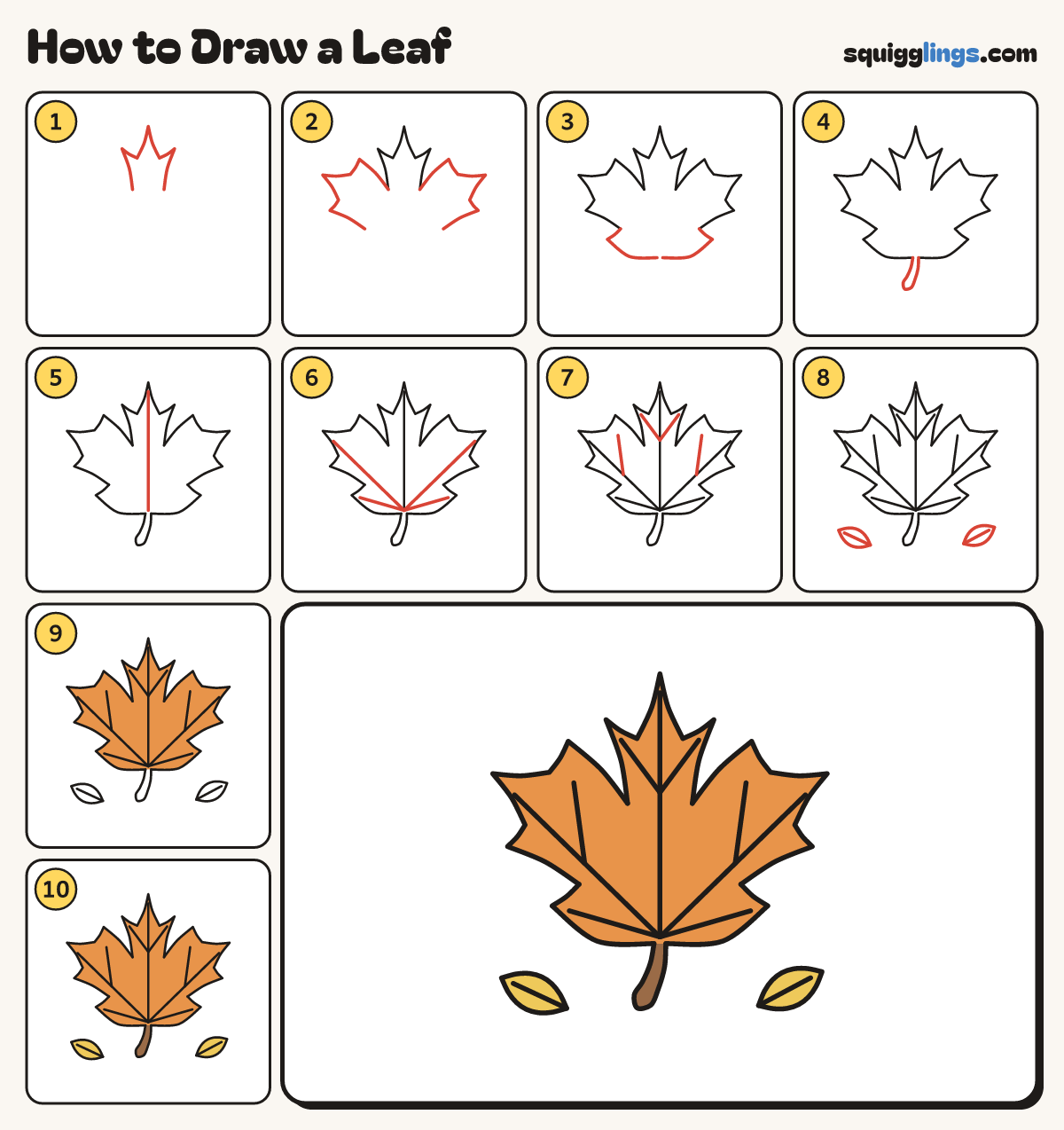 How to Draw a Leaf step by step: all 10 steps in one picture