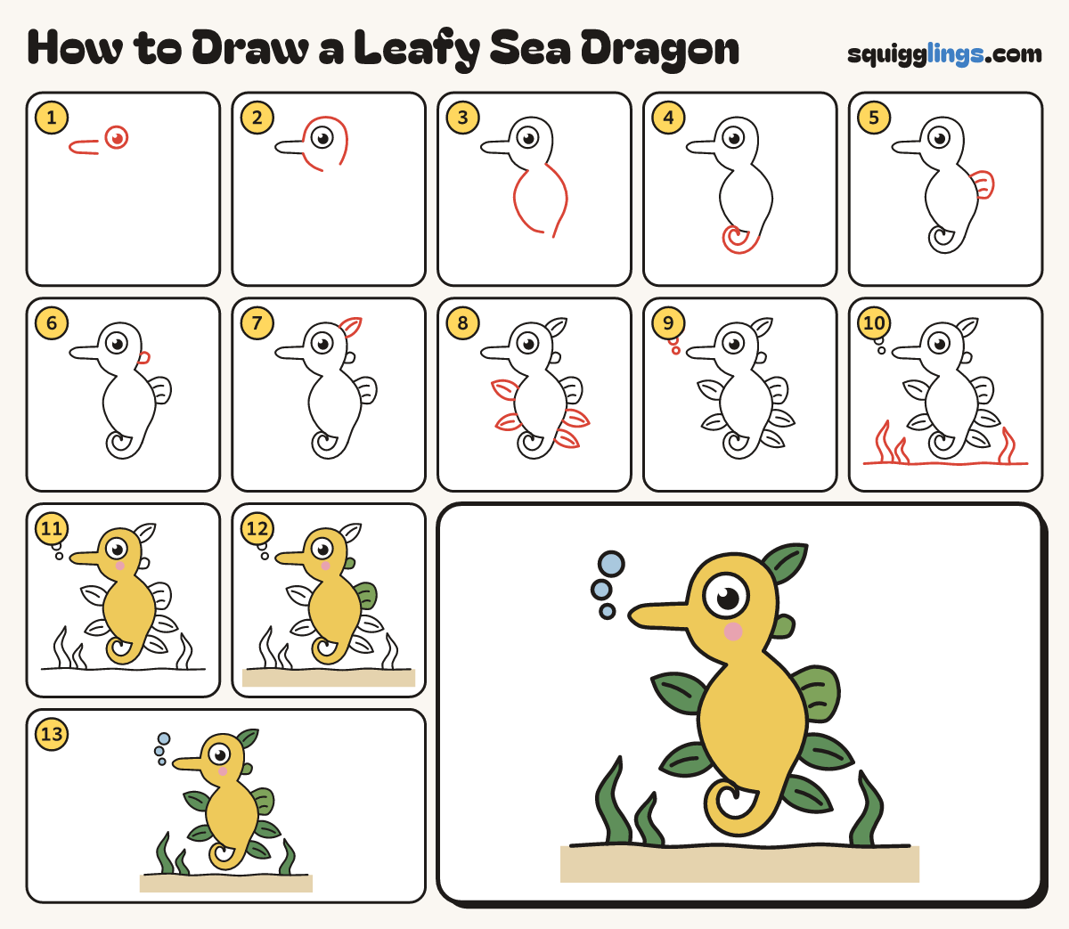 How to Draw a Leafy Sea Dragon step by step: all 13 steps in one picture