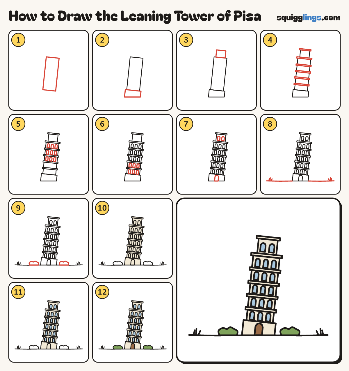 How to Draw the Leaning Tower of Pisa step by step: all 12 steps in one picture
