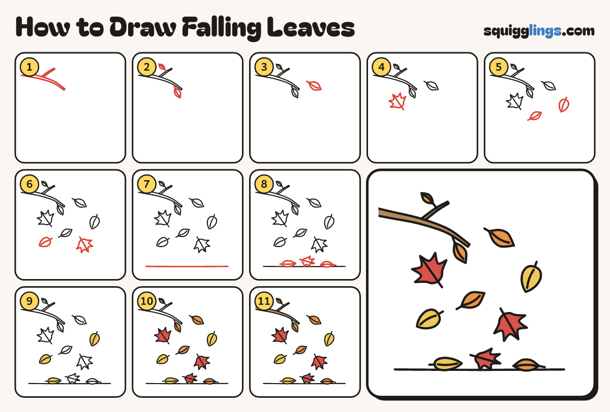 How to Draw Falling Leaves step by step: all 11 steps in one picture
