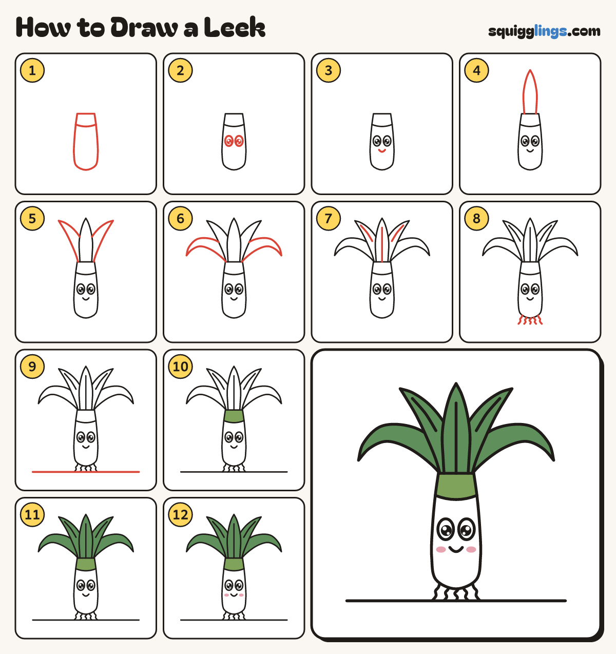 How to Draw a Leek step by step: all 12 steps in one picture