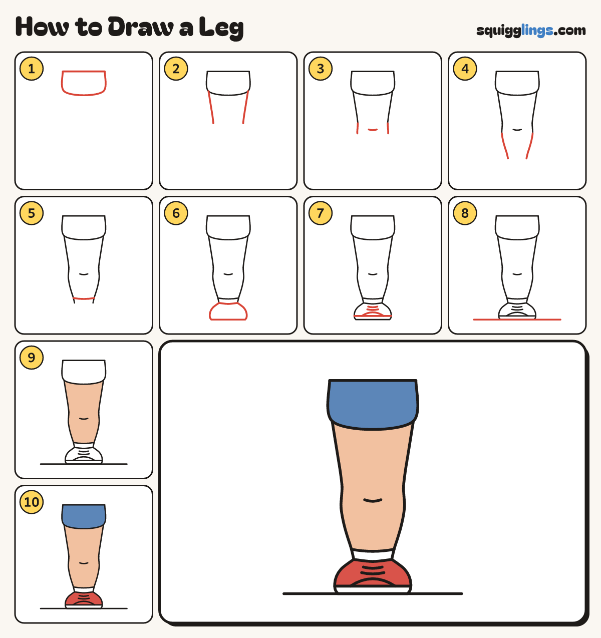How to Draw a Leg step by step: all 10 steps in one picture